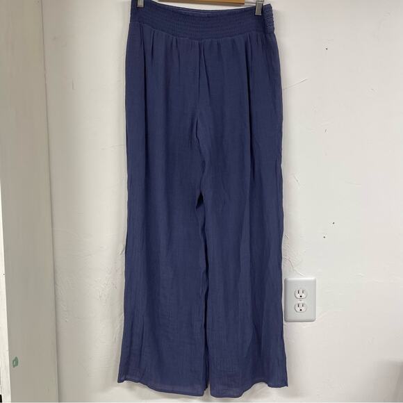 By & By Blue Crepe Wide Leg Casual Pull On Pants Womens L Lagenlook Beachy Boho - Picture 1 of 8